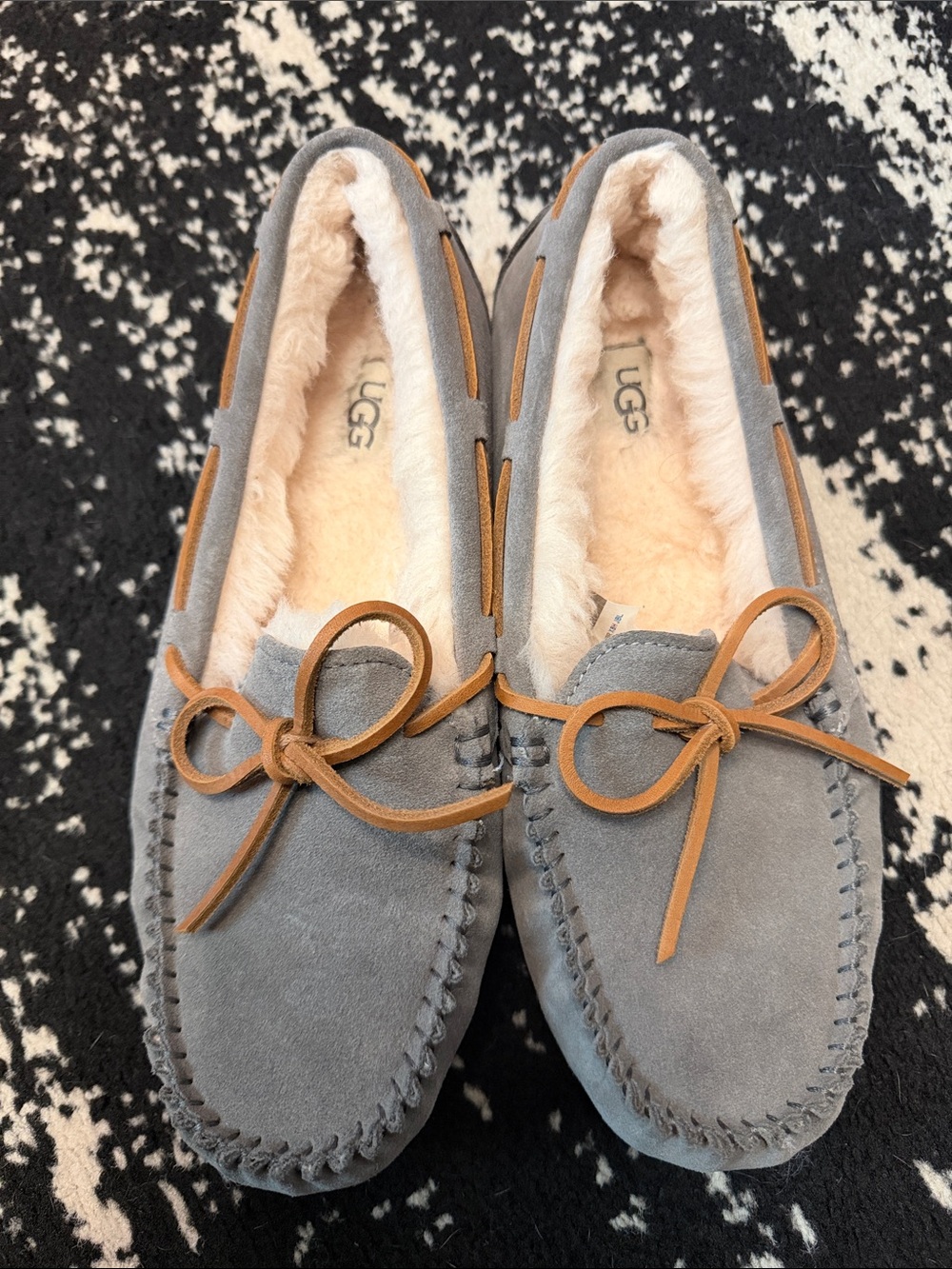 UGG Gray Suede Moccasin Slippers with Chestnut Laces
